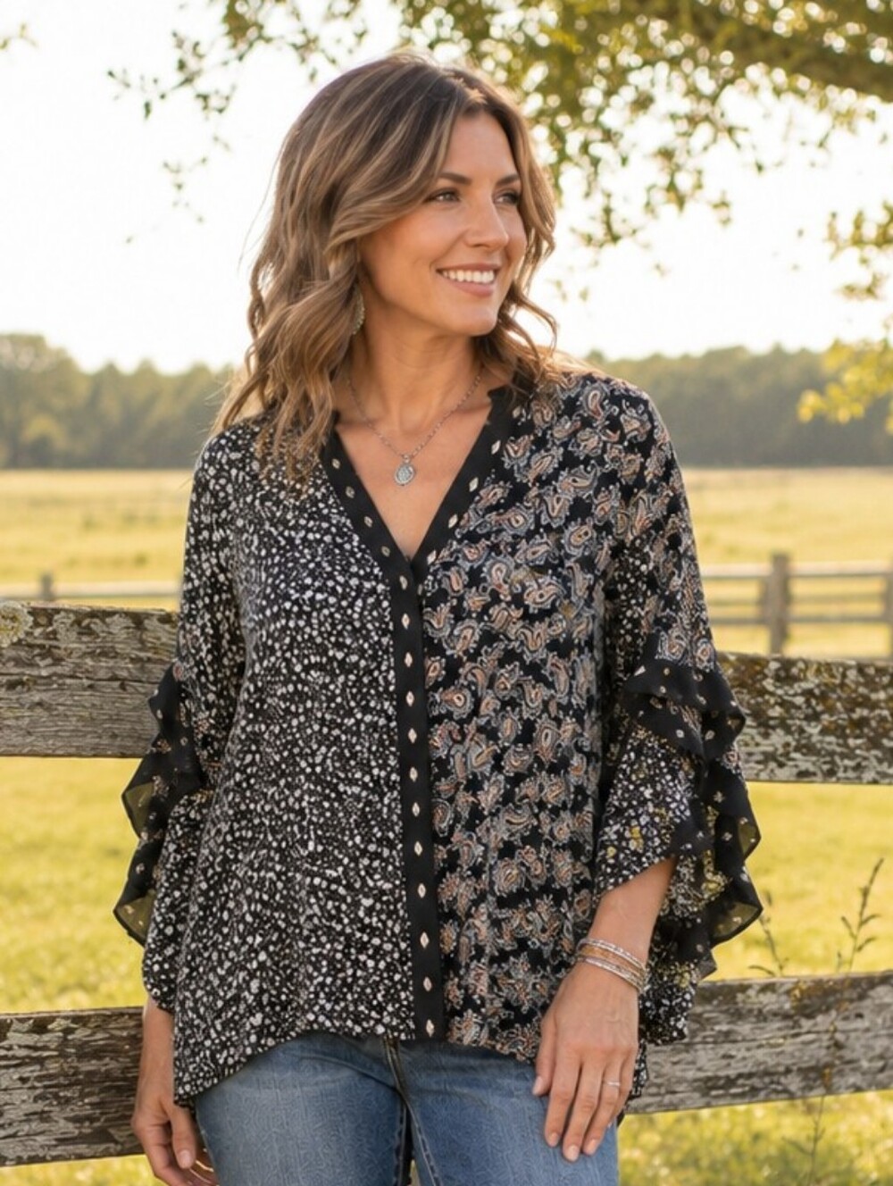Umgee XL Mixed Print Paisley Floral Ruffle Sleeve Boho Tunic